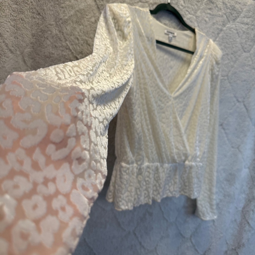 Express Ivory Burnout Velvet Leopard Coquette Peplum Top Small Mob Wife Romantic